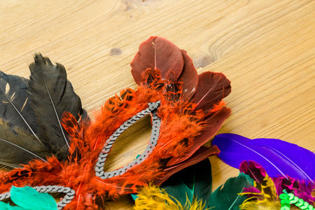 Multicolored decorations for Mardi Gras party on the table.の写真素材