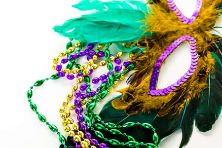 Multicolored decorations for Mardi Gras party on the table.の写真素材