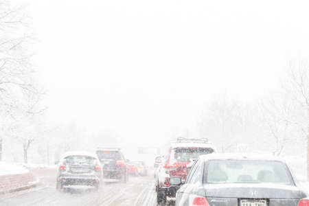 Denver, Colorado, USA-February 25, 2015. Road traffic during the snow storm.のeditorial素材