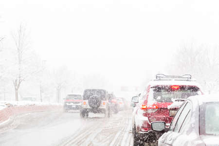 Denver, Colorado, USA-February 25, 2015. Road traffic during the snow storm.のeditorial素材