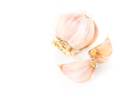 Organic garlic on a white background.の写真素材
