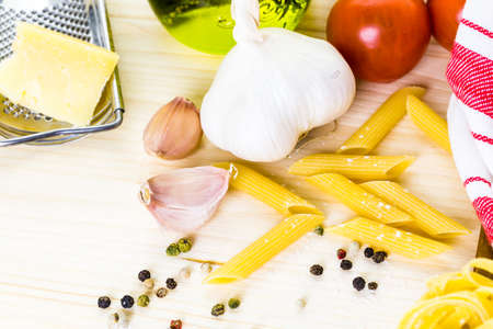 Ingredients for making fettuccine pasta recipe.の写真素材
