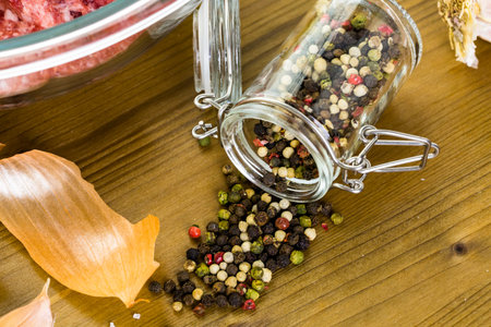 Ingredients for meatballs recipe on the table.の写真素材