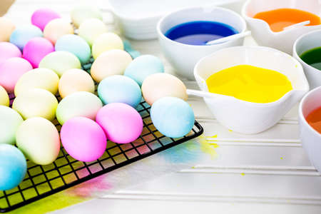 Painting eggs in pastel colors for Easter.の写真素材