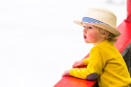 Toddler boy watching local hockey game.