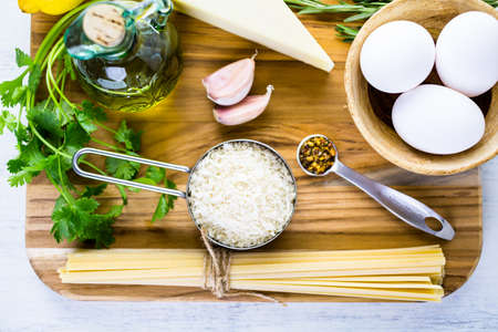 Ingredients for preparing pasta pangrattato with crispy eggs.の写真素材