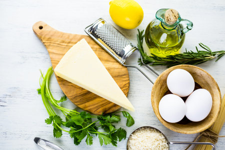 Ingredients for preparing pasta pangrattato with crispy eggs.の写真素材