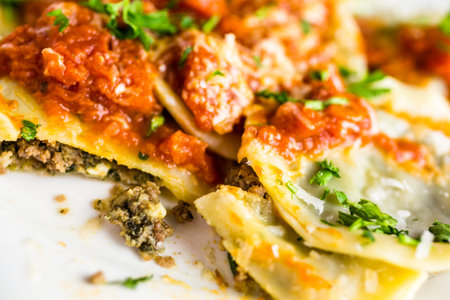 Fresh Italian gradmas raviolis on the table in Italian restaurant.の写真素材