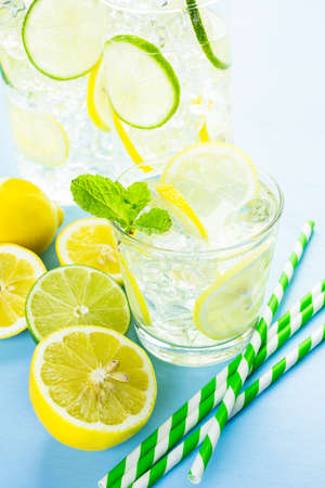 Infused water with fresh citrus fruits and ice.の写真素材