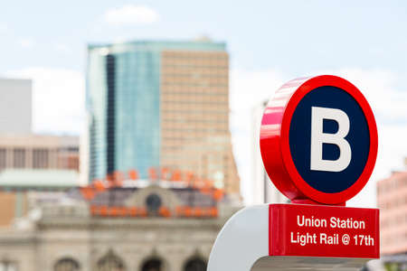 Denver, Colorado, USA-May 17, 2015. Row of red rental bikes at the Union Station in Denver, Colorado.のeditorial素材