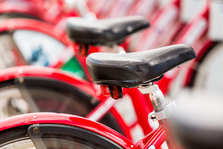 Row of red rental bikes at the Union Station in Denver, Colorado.の写真素材