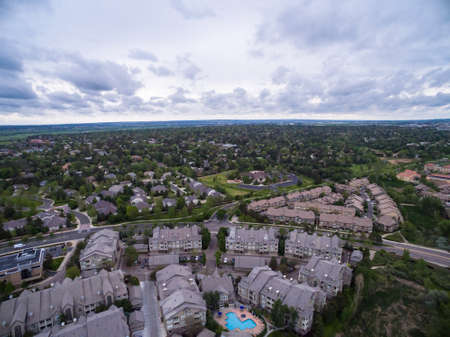 Denver, Colorado, USA-June 5, 2015. Aerial view of aparment complex with outdoor swimming pool.のeditorial素材