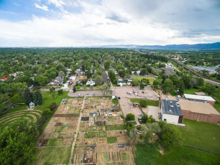 Aerial view of urban gardens in Littleton, Colorado.の写真素材