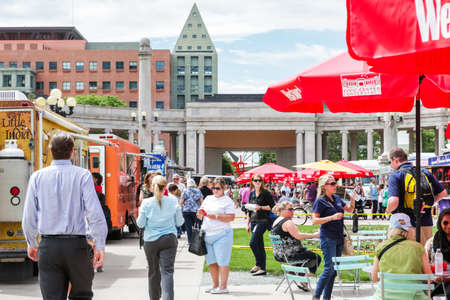 Denver, Colorado, USA-June 11, 2015.  Gathering of gourmet food trucks and carts in Downtown Denver Civic Center Park.のeditorial素材