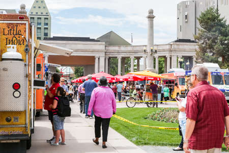 Denver, Colorado, USA-June 11, 2015.  Gathering of gourmet food trucks and carts in Downtown Denver Civic Center Park.のeditorial素材