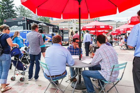 Denver, Colorado, USA-June 11, 2015.  Gathering of gourmet food trucks and carts in Downtown Denver Civic Center Park.のeditorial素材