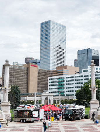 Denver, Colorado, USA-June 11, 2015.  Gathering of gourmet food trucks and carts in Downtown Denver Civic Center Park.のeditorial素材