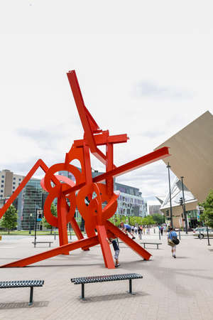 Denver, Colorado, USA-June 11, 2015. Plaza with red sculpture near Denver Art Museum.のeditorial素材