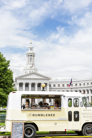 Denver, Colorado, USA-June 11, 2015.  Gathering of gourmet food trucks and carts in Downtown Denver Civic Center Park.のeditorial素材