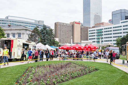Denver, Colorado, USA-June 11, 2015.  Gathering of gourmet food trucks and carts in Downtown Denver Civic Center Park.のeditorial素材