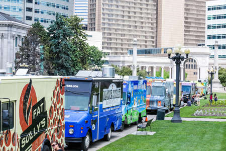 Denver, Colorado, USA-June 11, 2015.  Gathering of gourmet food trucks and carts in Downtown Denver Civic Center Park.のeditorial素材