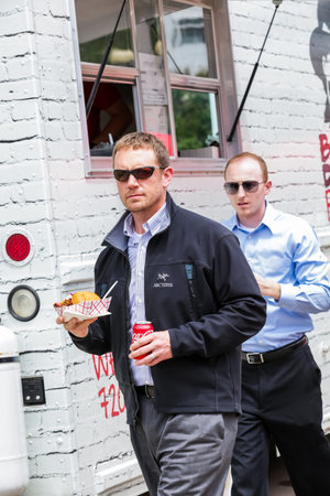 Denver, Colorado, USA-June 11, 2015.  Gathering of gourmet food trucks and carts in Downtown Denver...