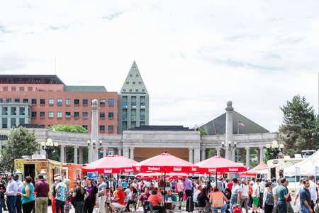Denver, Colorado, USA-June 11, 2015.  Gathering of gourmet food trucks and carts in Downtown Denver Civic Center Park.のeditorial素材