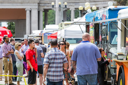 Denver, Colorado, USA-June 11, 2015.  Gathering of gourmet food trucks and carts in Downtown Denver Civic Center Park.のeditorial素材