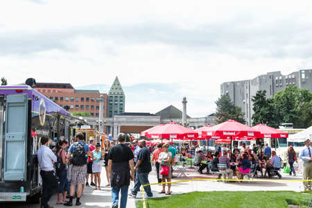 Denver, Colorado, USA-June 11, 2015.  Gathering of gourmet food trucks and carts in Downtown Denver Civic Center Park.のeditorial素材
