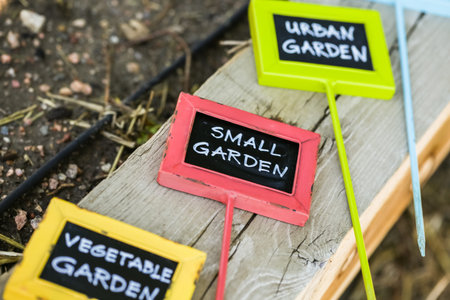 Colorful grden tags with chalk board serfices.の写真素材