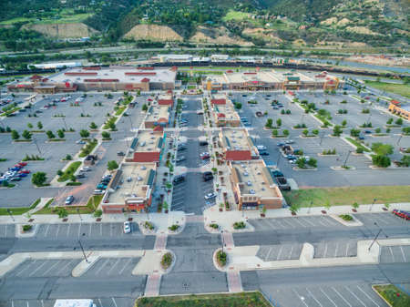 Glenwood Springs, Colorado, USA-June 20, 2015. Aerial view of main street at local shopping center.のeditorial素材