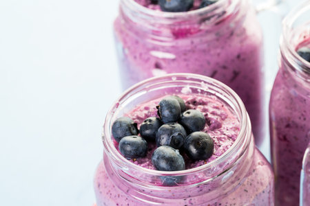 Blueberrie smoothie made with fresh organic blueberries and plain yogurt.の写真素材