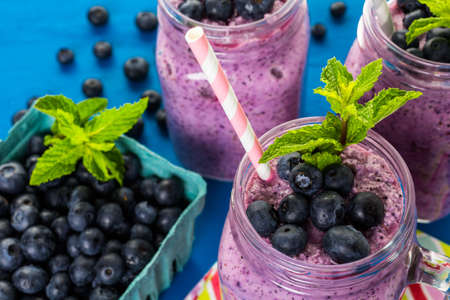 Blueberrie smoothie made with fresh organic blueberries and plain yogurt.の写真素材