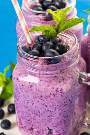 Blueberrie smoothie made with fresh organic blueberries and plain yogurt.の写真素材