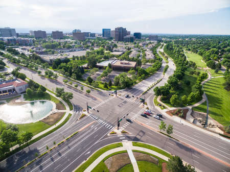 Greenwood Village, Colorado, USA-June 27, 2015. Aerial view of business park with urban park.のeditorial素材