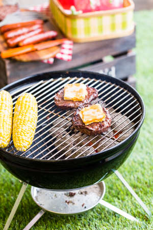 Summer picnic with small charcoal grill in the park.の写真素材