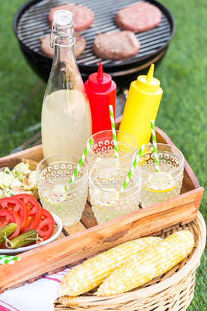 Small summer picnic with lemonade and hamburgers in the park.の写真素材