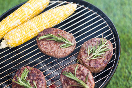 Small summer picnic with lemonade and hamburgers in the park.の写真素材