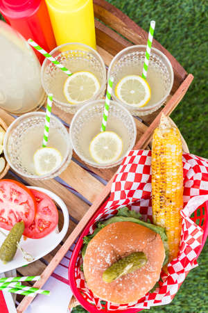 Small summer picnic with lemonade and hamburgers in the park.の写真素材