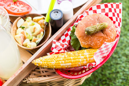 Small summer picnic with lemonade and hamburgers in the park.の写真素材
