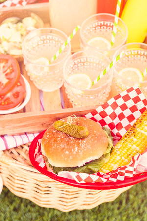 Small summer picnic with lemonade and hamburgers in the park.の写真素材