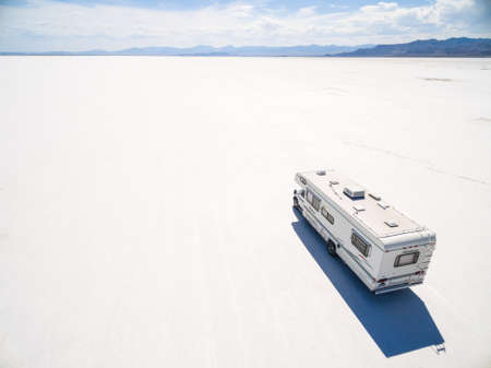 Bonneville, Utah, USA-August 5, 2015. Driving motorhome on Bonneville Salt Flats, Utah.のeditorial素材