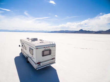 Bonneville, Utah, USA-August 5, 2015. Driving motorhome on Bonneville Salt Flats, Utah.のeditorial素材