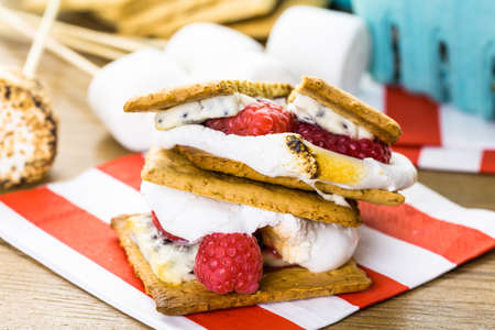 Smores with white chocolate and fresh raspberries.の写真素材