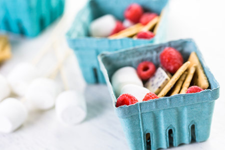 Smores with white chocolate and fresh raspberries.の写真素材