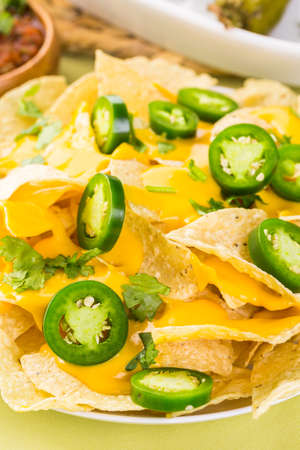 Vegetarian nachos with tortilla chips and fresh jalapeno peppers.の写真素材
