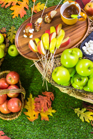 Autumn picnic with fresh caramel apple slices.の写真素材