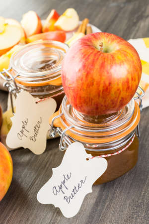 Homemade apple butter prepared from organic apples.の写真素材