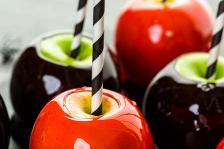 Handmade red candy apples for Halloween.の写真素材