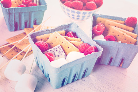 Smores with white chocolate and fresh raspberries.の写真素材